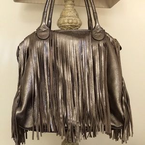 All leather pewter shoulder bag with fringes from Italy